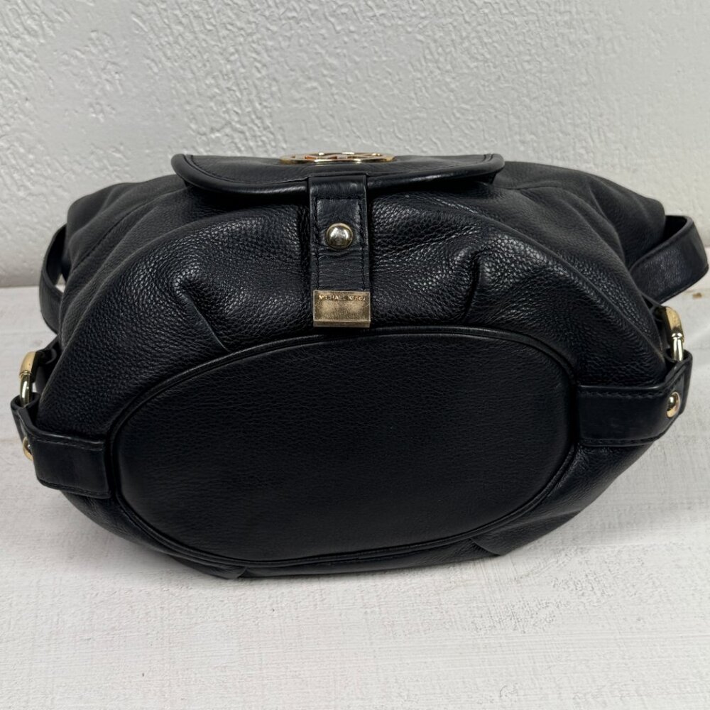 Michael Kors Black Leather Hobo Shoulder Bag Gold MK Logo Zip Top Medium - Picture 11 of 15